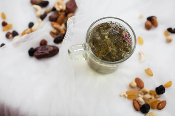 a mug of green tea rests on a white table