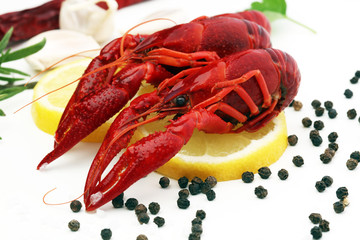 tasty boiled crawfish closeup on table, seafood dinner