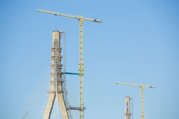 Construction of big guyed bridge in Cádiz over the sea