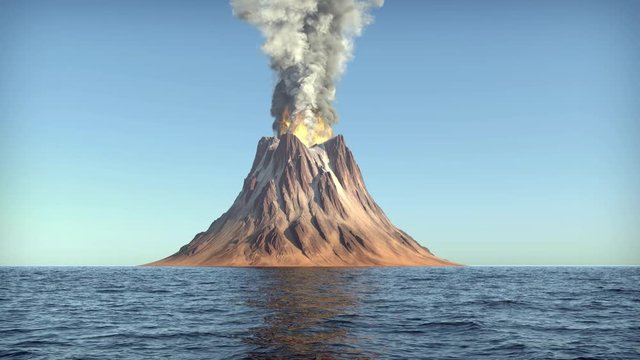 Volcano eruption on an island in the ocean