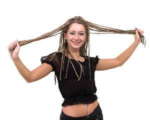 portrait of young smiling woman with dreadlocks.
