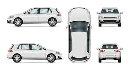 Obraz premium Samochodowy wektorowy szablon na białym tle. Hatchback izolowany. Wszystkie warstwy i grupy są dobrze zorganizowane, co ułatwia edycję i zmianę koloru. Widok z boku, z przodu, z tyłu, z góry.