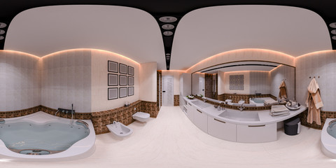 3d illustration spherical 360 degrees, seamless panorama of bathroom interior design in classic style. A room with a large mirror on the wall, a shower and a corner bath