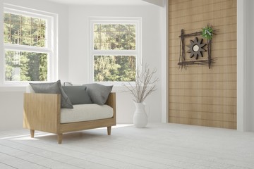 White room with armchair and green landscape in window. Scandinavian interior design. 3D illustration