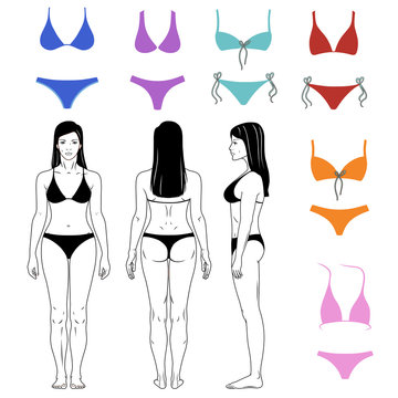 Girl and swimsuits outlined set