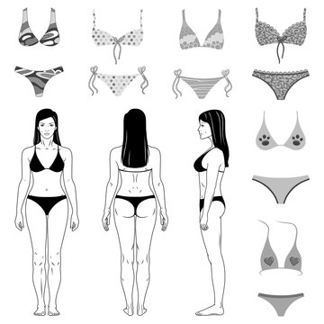 Girl and swimsuits outlined set