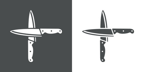 Icono plano cruz con cuchillos cocina gris y blanco