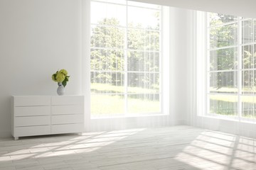 Obraz na płótnie Canvas White empty room with green landscape in window. Scandinavian interior design. 3D illustration