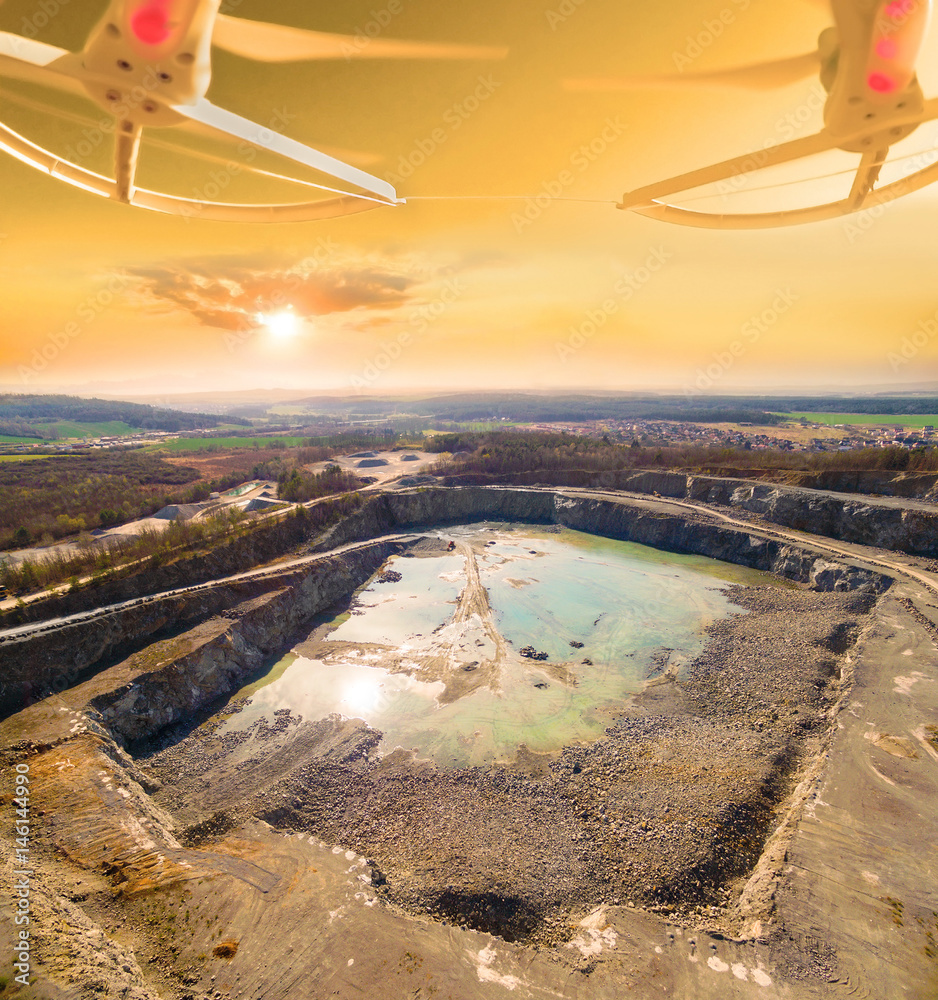 Sticker Aerial view to opencast mine. Use drones to inspect mining area. Modern technology theme. - Stickers