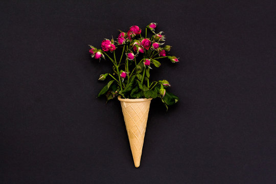 Dried Flowers Roses In A Waffle Cone On A Black Background.