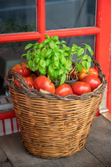 Some tomatoes in a basket over a wooden surface