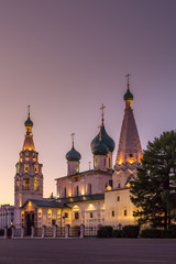 Fototapeta na wymiar One of the most famous Yaroslavl churches is the Church of Elijah the Prophet. Evening view with illumination. Summer. The city of Yaroslavl. Russia