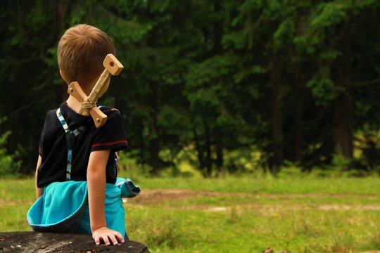 Boy warrior with a wooden toy sword looking at the forest, back view