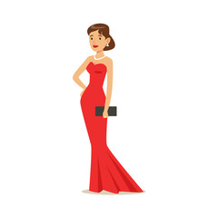Lovely girl in long red evening dress. Colorful cartoon character vector Illustration