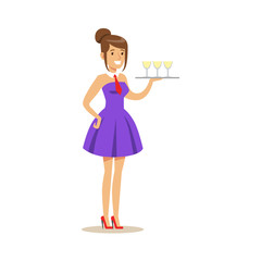 Beautiful waitress holding a tray with refreshing drinks. Colorful cartoon character vector Illustration