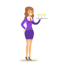 Cheerful waitress holding a tray with champagne glasses, serving drinks. Colorful cartoon character vector Illustration