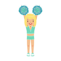 Cute little blond girl dancing with blue pompoms. Colorful cartoon character vector Illustration