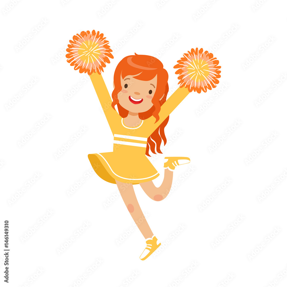 Wall mural Cute little red haired girl dancing with yellow pompoms. Colorful cartoon character vector Illustration