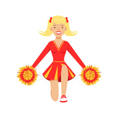 Blond cheerleader teenager girl dancing with red and yellow pompoms. Colorful cartoon character vector Illustration
