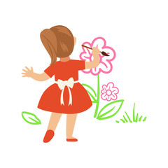 Cute little girl in red dress painting flowers on a white wall. Colorful character vector Illustration