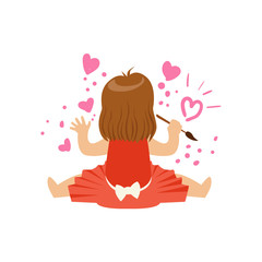 Cute little girl sitting and painting hearts on a white wall. Colorful character vector Illustration