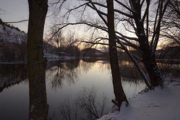 Some trees near a little lake in winter, with snow all around, at dusk