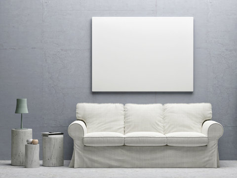 White poster living room concept design interior, 3d illustration
