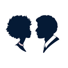 Beautiful silhouette cameo of a young couples. Vector logo or icon of a man and woman profiles. - 146153128