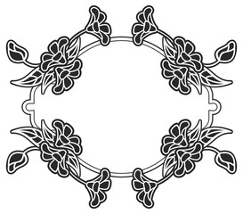 Black and white round frame with floral silhouettes. Vector clip art