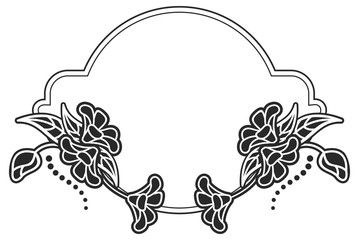 Black and white round frame with floral silhouettes. Vector clip art