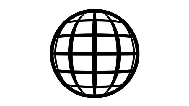 Globe Icon 360. Earth rotating 360 degrees. Parallels and Meridians. Seamless Loop. Black and white.