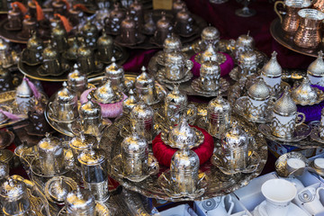 Handmade copper and silver Turkish coffee cup souvenir set at Grand Bazaar in Istanbul