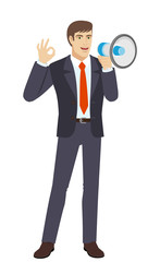 Businessman with loudspeaker showing a okay hand sign