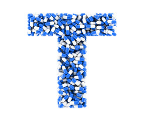 Letter T, alphabet of medicine pills. 3D render.