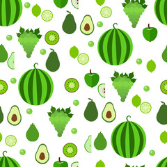 Seamless pattern with green fruits. Grapes, avocados, kiwi, watermelon, apple, pear, lime. Fresh design for the menu, textiles and background. vector