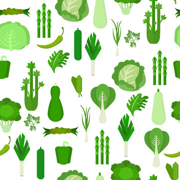 Seamless pattern with green vegetables.  Cabbage, asparagus, lettuce, peppers, olives, rukula, zucchini, cucumber, parsley. Fresh design for the menu, textiles and background. vector