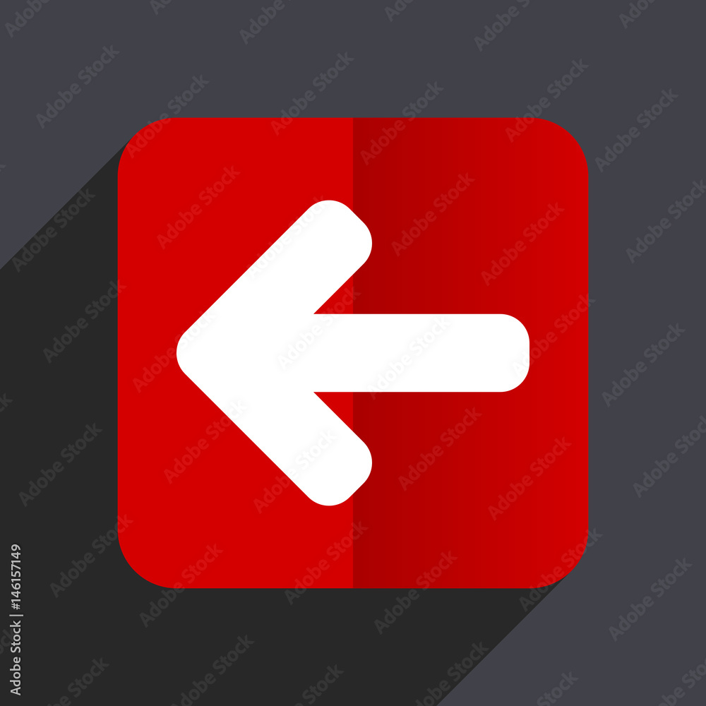 Poster left arrow flat design white and red vector web icon on gray background with shadow in eps10.