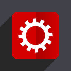 Gear flat design white and red vector web icon on gray background with shadow in eps10.