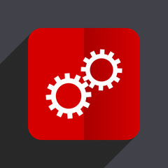 Gear flat design white and red vector web icon on gray background with shadow in eps10.