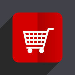 Cart flat design white and red vector web icon on gray background with shadow in eps10.
