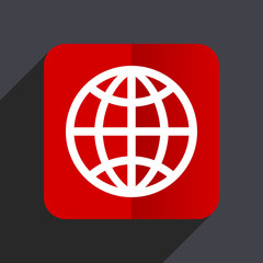 Earth flat design white and red vector web icon on gray background with shadow in eps10.