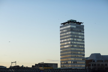 Fototapeta na wymiar Office buildings in cityscape with a sky blue