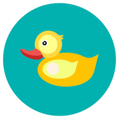 Icons duck of toys in the flat style. Vector image on a round colored background. Element of design, interface.