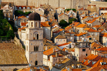 Franciscan Monastery and Museum in the background of roofs with tiles in Dubrovnik, Croatia.