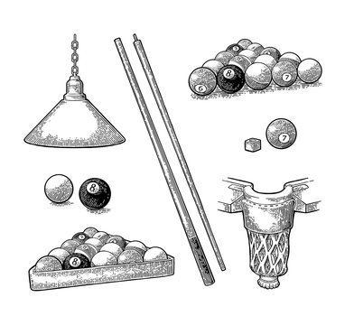 Set billiard. Stick, balls, chalk, pocket and lamp.Vintage black engraving