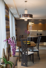 Modern flat interior, studio. Guest room, Kitchen, Dining room.