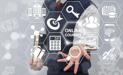 Online Courses education web concept. Internet educational e-learning learning training. Online...