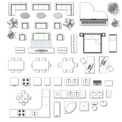 Set top view for interior icon 
design. Elements for living room, 
bedroom, kitchen, bathroom. Floor 
plan. Furniture store. Vector 
Illustration.
