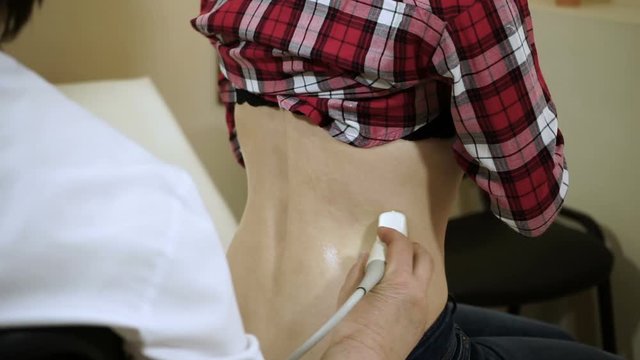 Female doctor examining the woman's right kidney using an ultrasound scanner. HD