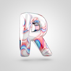 Glossy water marble alphabet letter R uppercase isolated on white background